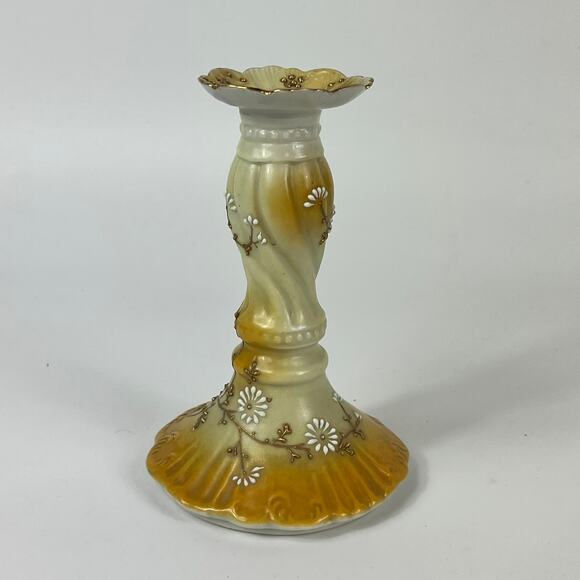 Antique Candlestick Candle Holder Yellow Brown White Daisy Hand Painted Gold - Picture 2 of 14
